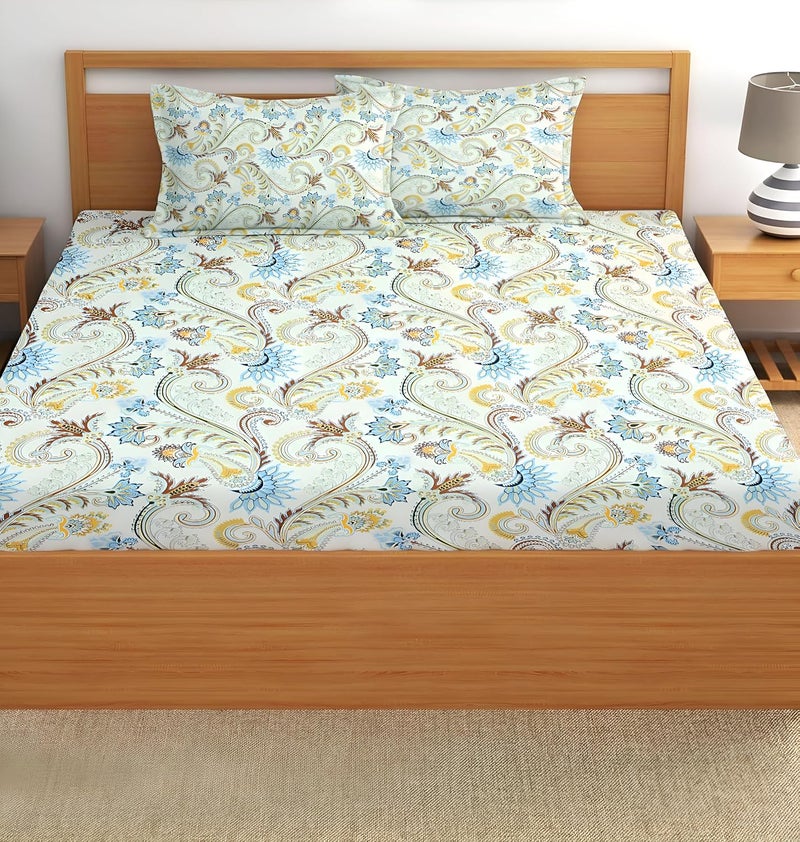 STARNSTYLE Premium 160 TC Egyptian Cotton Blend Floral Printed Double Bedsheet Set with 2 Pillow Covers - 228 x 228 cm Cream Peacock - Image 2